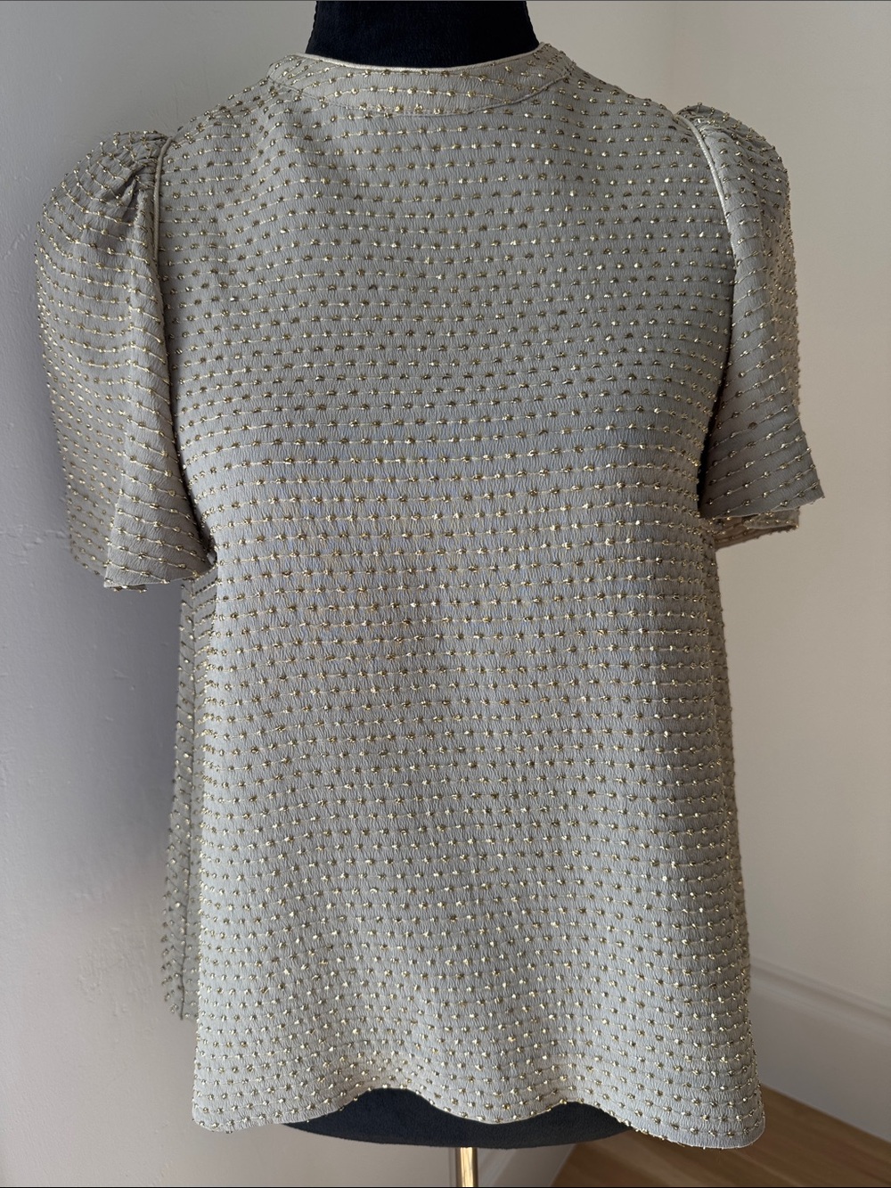 Alexander Wang light gray & gold metallic short-sleeved textured blouse